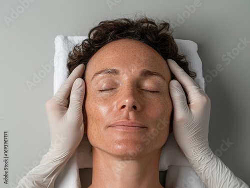 Calm middle-aged woman receiving facial massage indoors