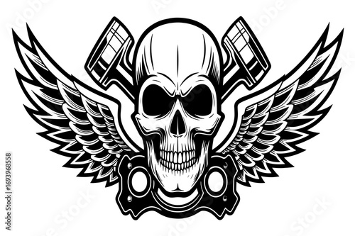 Winged Skull with Pistons Illustration