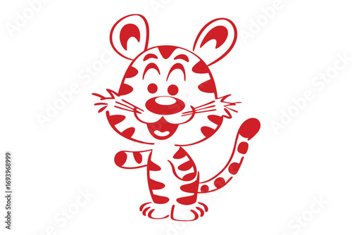 Cheerful stylized red tiger with rounded ears stands smiling on an isolated white backdrop
