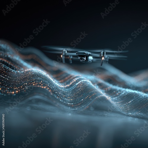Futuristic drone flies above abstract data waves