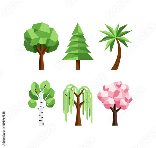 Collection of colorful low poly trees