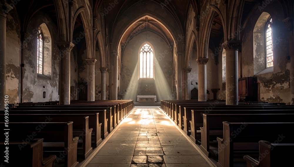 Fototapeta premium Abandoned church interior, sunbeam