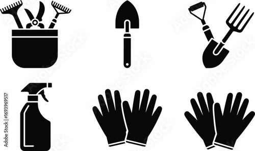 Black silhouette vector of gardening tools, gloves, spray bottle, and shovel for farming, planting, agriculture