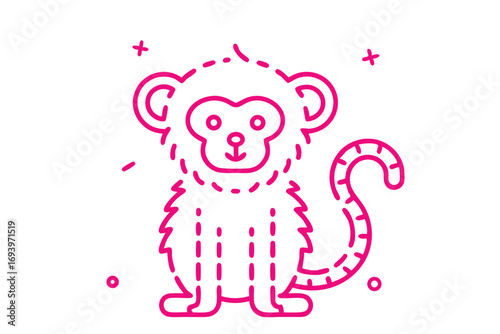Cute monkey sits outlined in bright pink, adorned with dots and pluses near tail