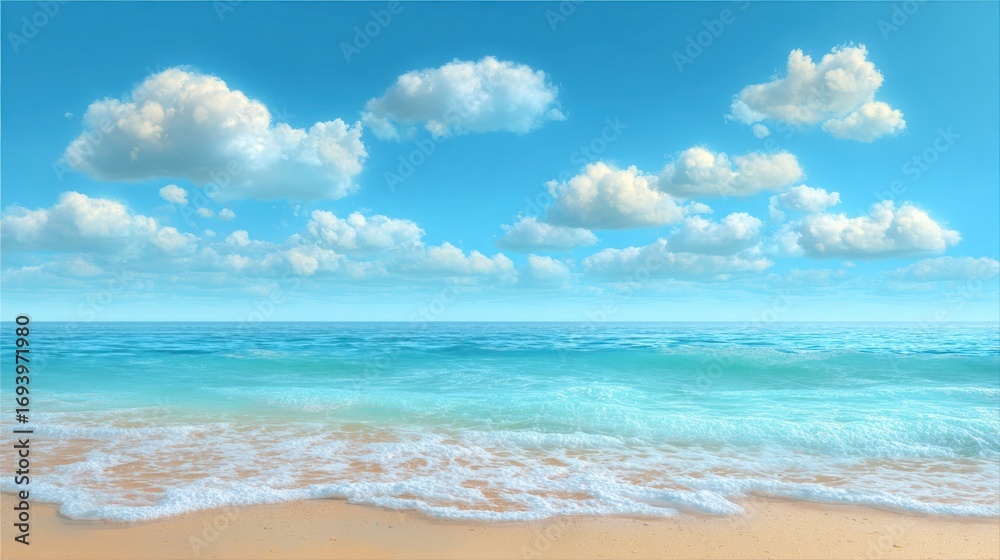 Fototapeta premium Serene coastal scene turquoise water gently meets a sandy shore under a bright blue sky dotted with soft, fluffy, cumulus clouds