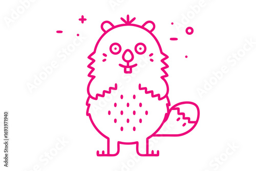 Cute pink beaver stands cheerfully surrounded by geometric decoration on a clean white backdrop