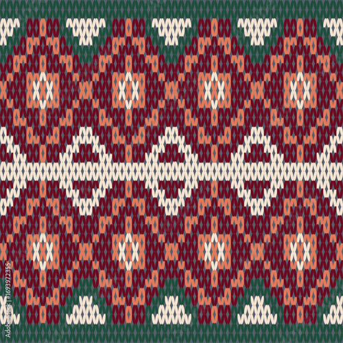 knitted fabric texture colorful crochet fabric patterns with geometric, floral, and diamond motifs, arranged in repetitive symmetrical designs using bright contrasting yarn colors.