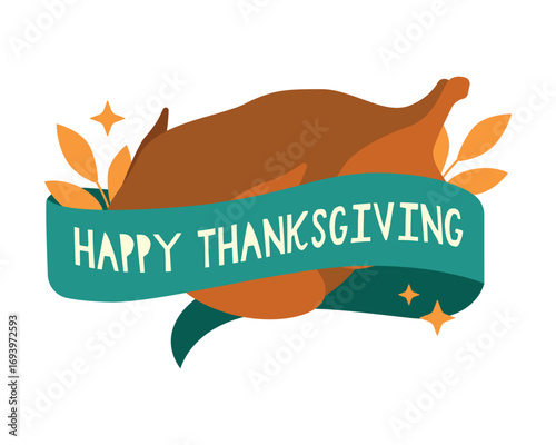 Thanksgiving with Festive Banner Illustration. The design features autumn leaves and decorative elements, ideal for holiday projects.