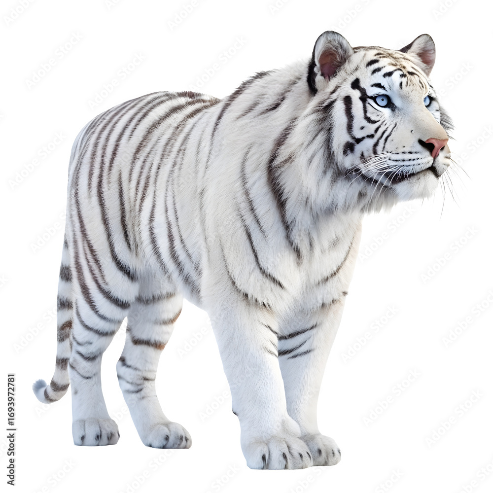 Fototapeta premium Majestic white tiger isolated on transparent background standing and looking forward