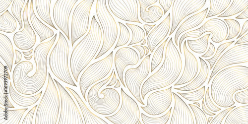 Elegant vector illustration, golden floral patterns, abstract leaves, geometric ornaments, modern yet vintage botanical design. The background is perfect for premium wallpapers, cards, banners, print.
