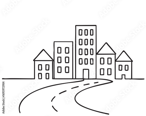 Doodles building and road. Line sketch
