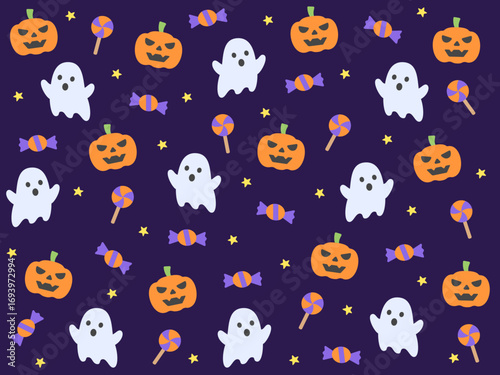 Cute Halloween pattern with funny ghosts, crafted pumpkins, scattered candy, and colorful lollipops on a rich purple background for a festive spooky vibe.