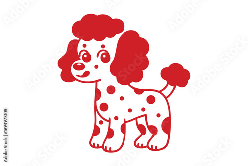 Cute poodle with red spots stands happily in minimalist style illustration