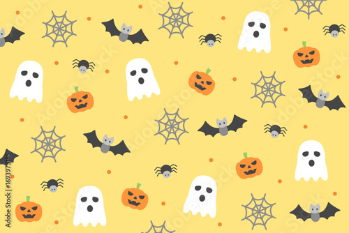 Fun Halloween pattern featuring crafted pumpkins, ghosts, spiders, spider webs, and flying bats scattered on a bright yellow background for a lively spooky design.