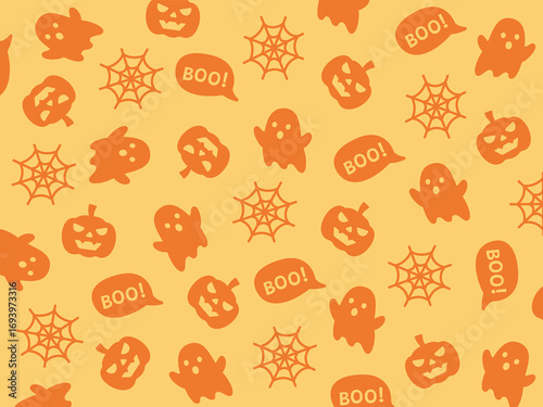 Playful Halloween pattern with glyph-style icons of cute ghosts, spider webs, and pumpkins scattered across a cheerful yellow background for a fun spooky vibe.