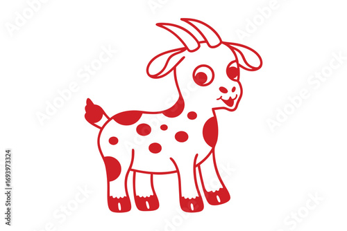 Cute red cartoon goat with spotted body stands on a white background