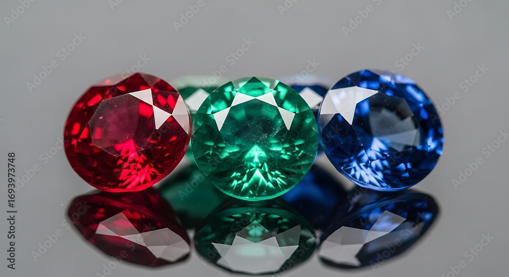Fototapeta premium Gorgeous Polished Gemstone Set Close-Up Ruby Emerald Sapphire
