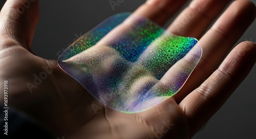 Iridescent film on hand close up abstract science technology photo