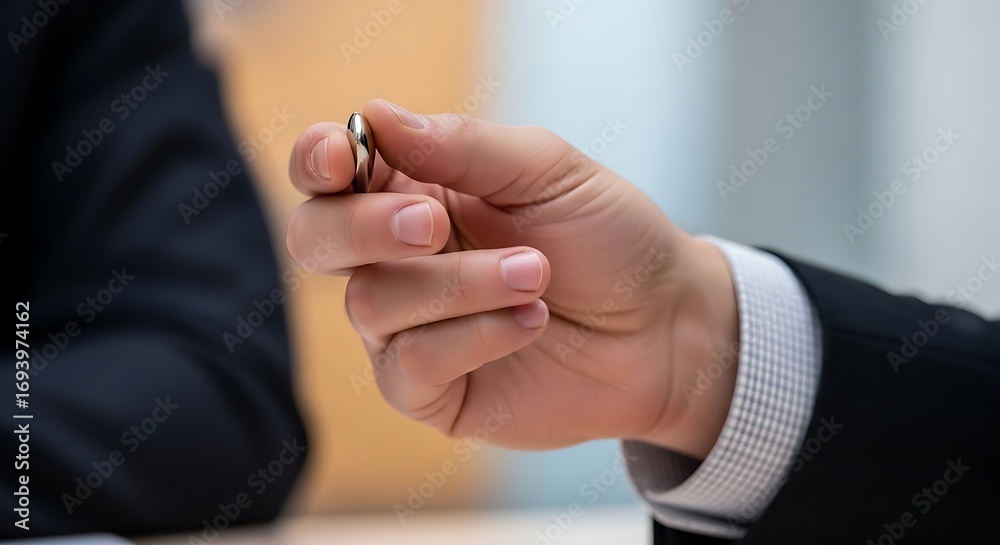 Obraz premium Man holding gold ring close up jewelry engagement wedding proposal gift