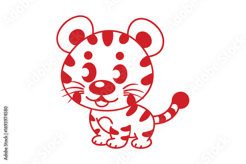 Cute tiger cub outlined in red against a white background poses sweetly