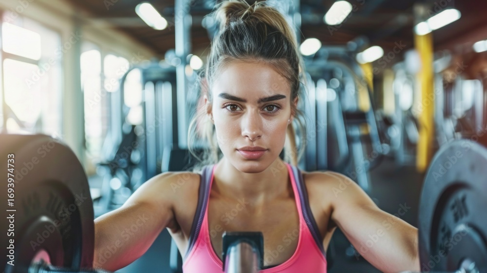 Fototapeta premium A woman in a gym, lifting weights with a focused expression.