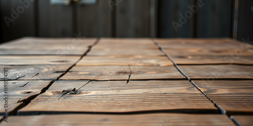 Detailed close-up Rustic wooden table surface in foreground