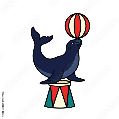 Circus Seal Balancing a Ball on a Tiny Drum.