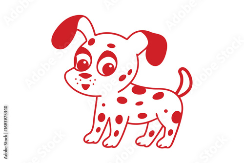 Delightful cartoon spotted dog playfully stands on a plain white surface with a cute pose