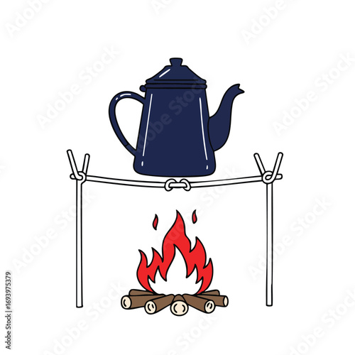 Dark Blue Coffee Pot Boiling Over a Rustic Campfire.
