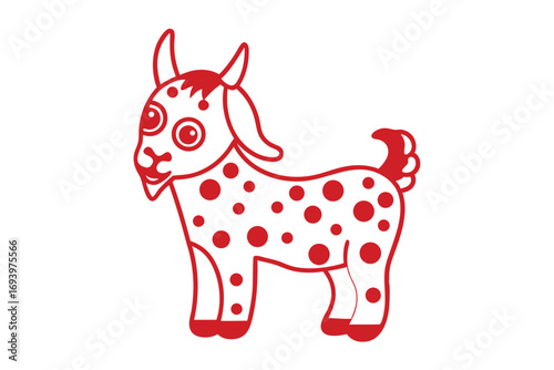 Dotted cartoon goat stands isolated on white, featuring outlined red art