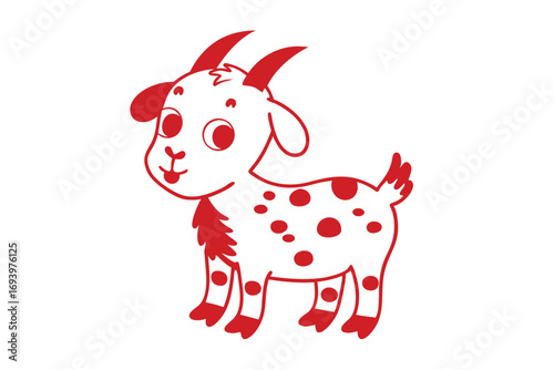 Friendly white goat with red spots stands cheerfully isolated on a clean background