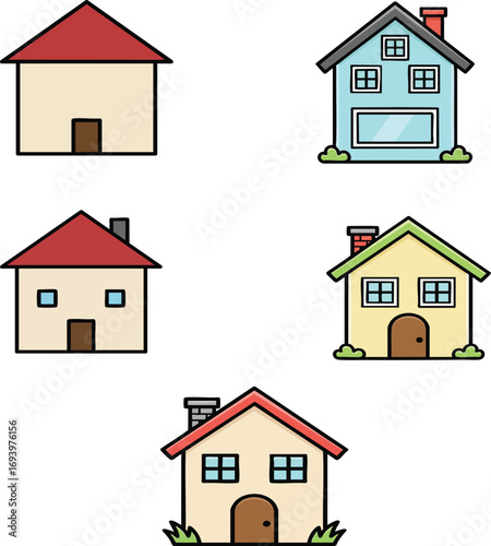 Cartoon house set. Simple houses in the suburbs.