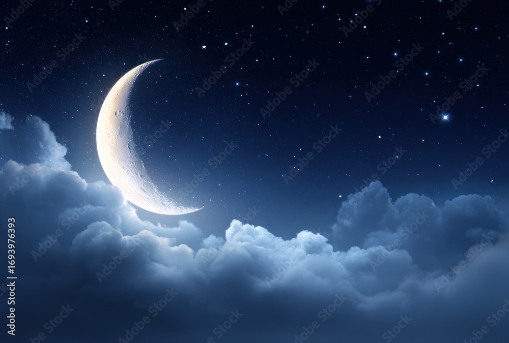 Fototapeta premium A bright crescent moon hangs low amidst fluffy white clouds against a dark blue, starry night sky. Ethereal glow and atmospheric perspective