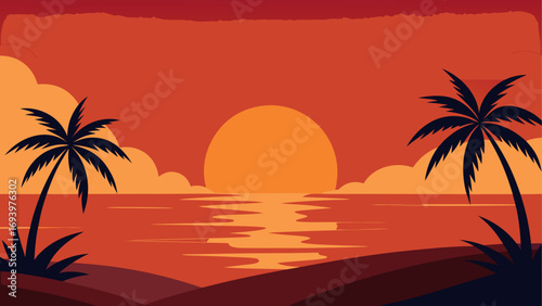 Sunset scene with palms and ocean view