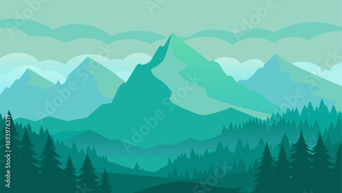 Landscape view of mountains and forest scene