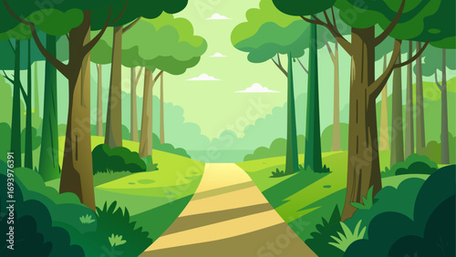 A path through a lush green forest scene