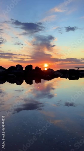 Sunset sky reflecting in the Baltic sea, view from the sandy shore in Sweden.