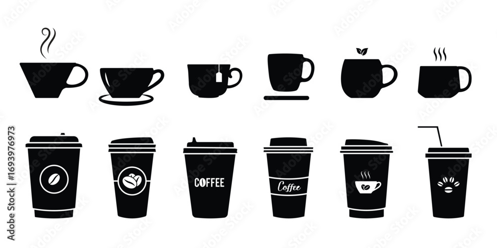 Fototapeta premium Cup line icon set. Disposable coffee cup. beverage, tea, coffee cup icon/symbol. Coffee paper cup, plastic container for hot and cold drink, juice, tea. Vector illustration. 