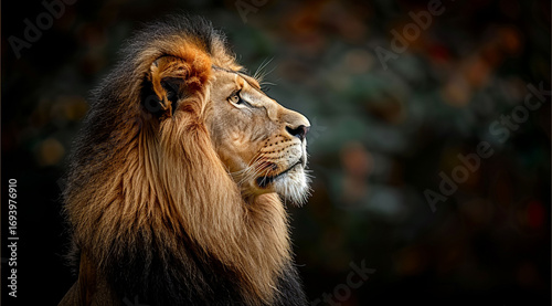 lion on background,portrait of a lion,Majestic lion,known as the King of kings,embodies strength and grace,This majestic lion portrays the spirit of royalty with ample photo style copy space for texts