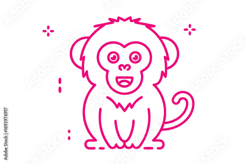 Fuchsia monkey with outline details sits and smiles on a plain white surface with charm