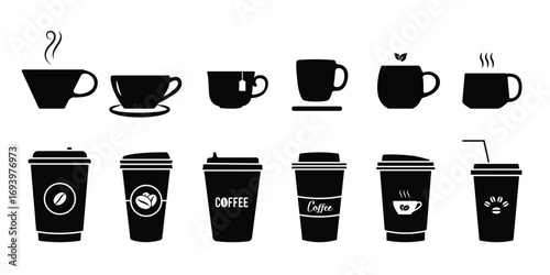 Cup line icon set. Disposable coffee cup. beverage, tea, coffee cup icon/symbol. Coffee paper cup, plastic container for hot and cold drink, juice, tea. Vector illustration. 