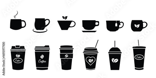 Cup line icon set. Disposable coffee cup. beverage, tea, coffee cup icon/symbol. Coffee paper cup, plastic container for hot and cold drink, juice, tea. Vector illustration. 