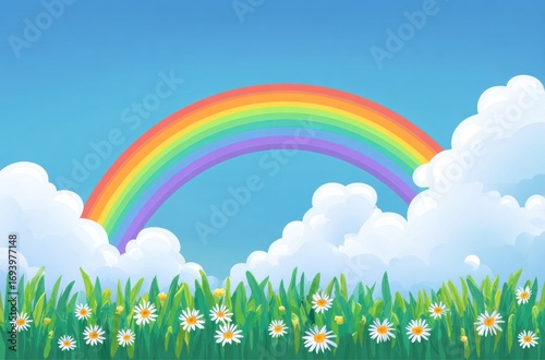 Sunny meadow cartoon. Rainbow curves in a blue sky above green grass with white daisy-like flowers and fluffy cartoon clouds