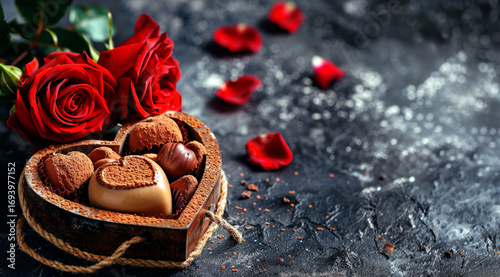 red rose on a black background,Luxury valentine chocolates in heart shaped gift box and red roses, copy space