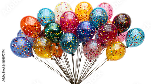Vibrant bouquet of multicolored balloons floating freely in the air creating a cheerful isolated on a transparent background