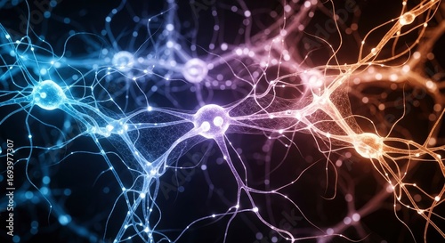 A vibrant network of illuminated branching structures resembling biological cells with glowing nodes transitioning from blue to purple to orange against a dark background
