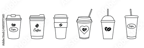  paper Coffee cup icons. Disposable coffee cup. Coffee paper cup, plastic container for hot and cold drink, juice, tea. Vector illustration . eps 10