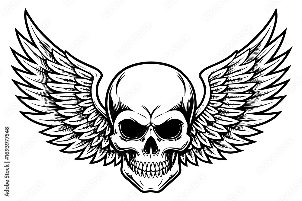 Fototapeta premium Winged Skull Illustration – Gothic Biker Emblem, Tattoo Style Skeleton Design 