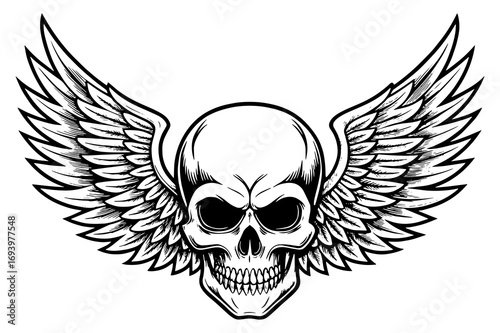 Winged Skull Illustration – Gothic Biker Emblem, Tattoo Style Skeleton Design 