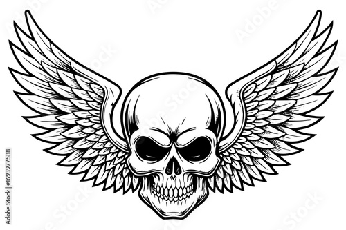 Winged Skull Illustration – Gothic Biker Emblem, Tattoo Style Skeleton Design 